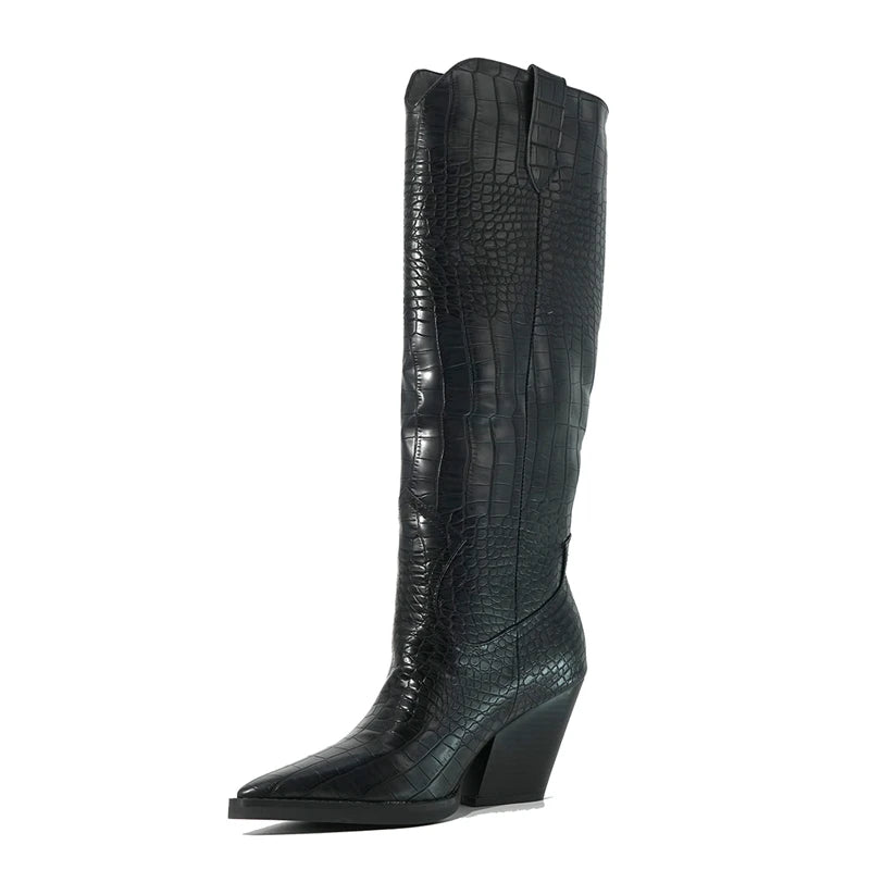 Botte santiag bout pointu en croco talon carré 